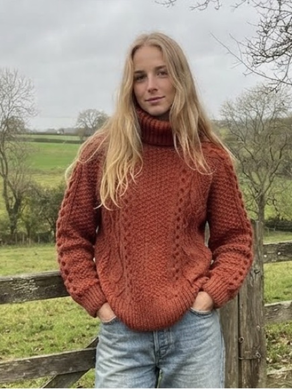 Chunky Knit Cable Turtleneck Sweater M Heavyweight Rust Orange Cozy Cottagecore